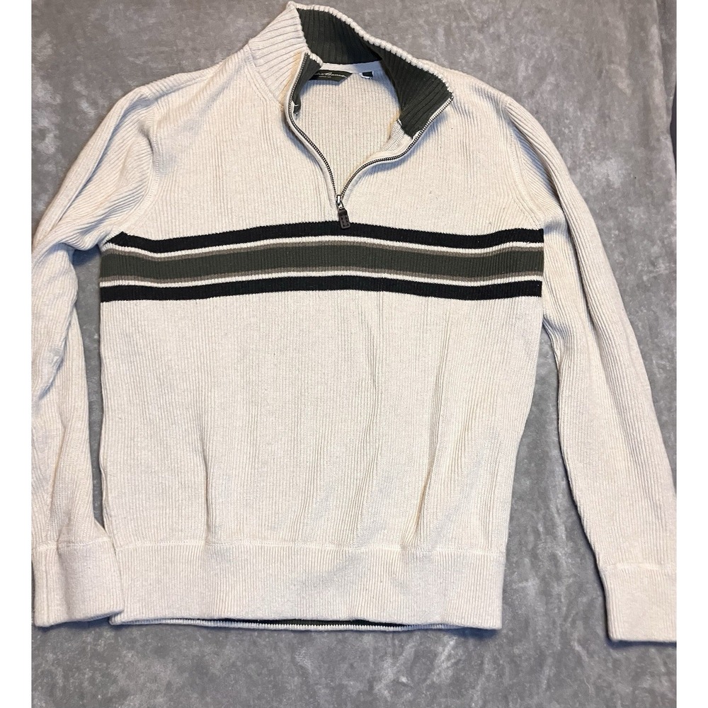 VNTG Eddie Bauer Sweater Mens‎ L Off White Striped Cotton Blend Classic 1/4 Zip